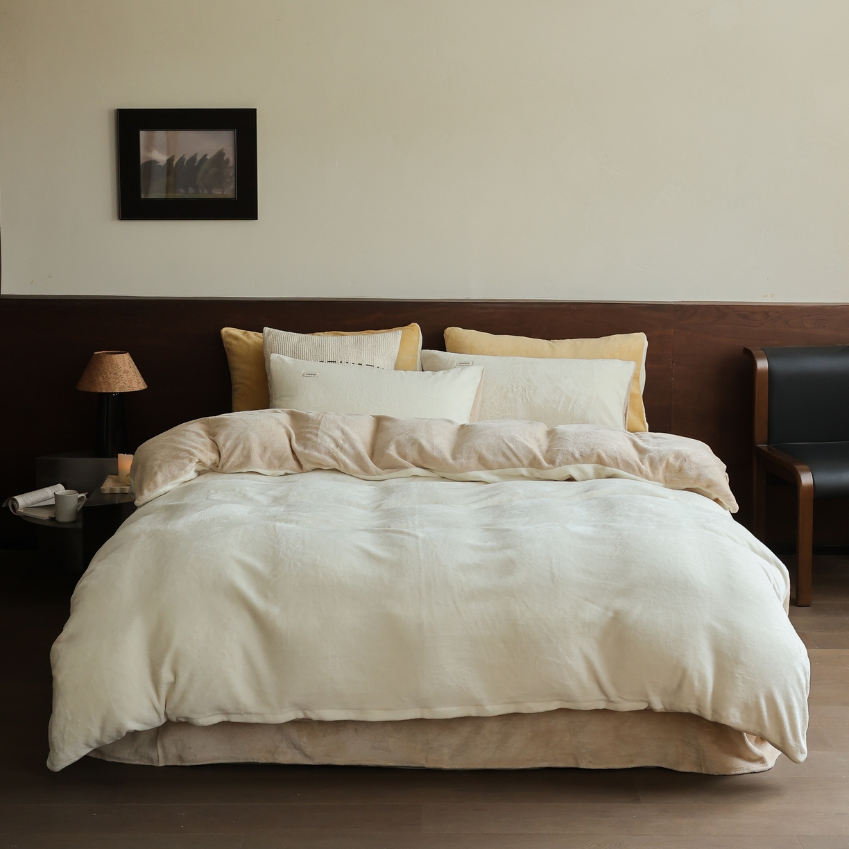 时光里 2025新款230克纯色简约双拼牛奶绒四件套套件 奶白拼杏仁