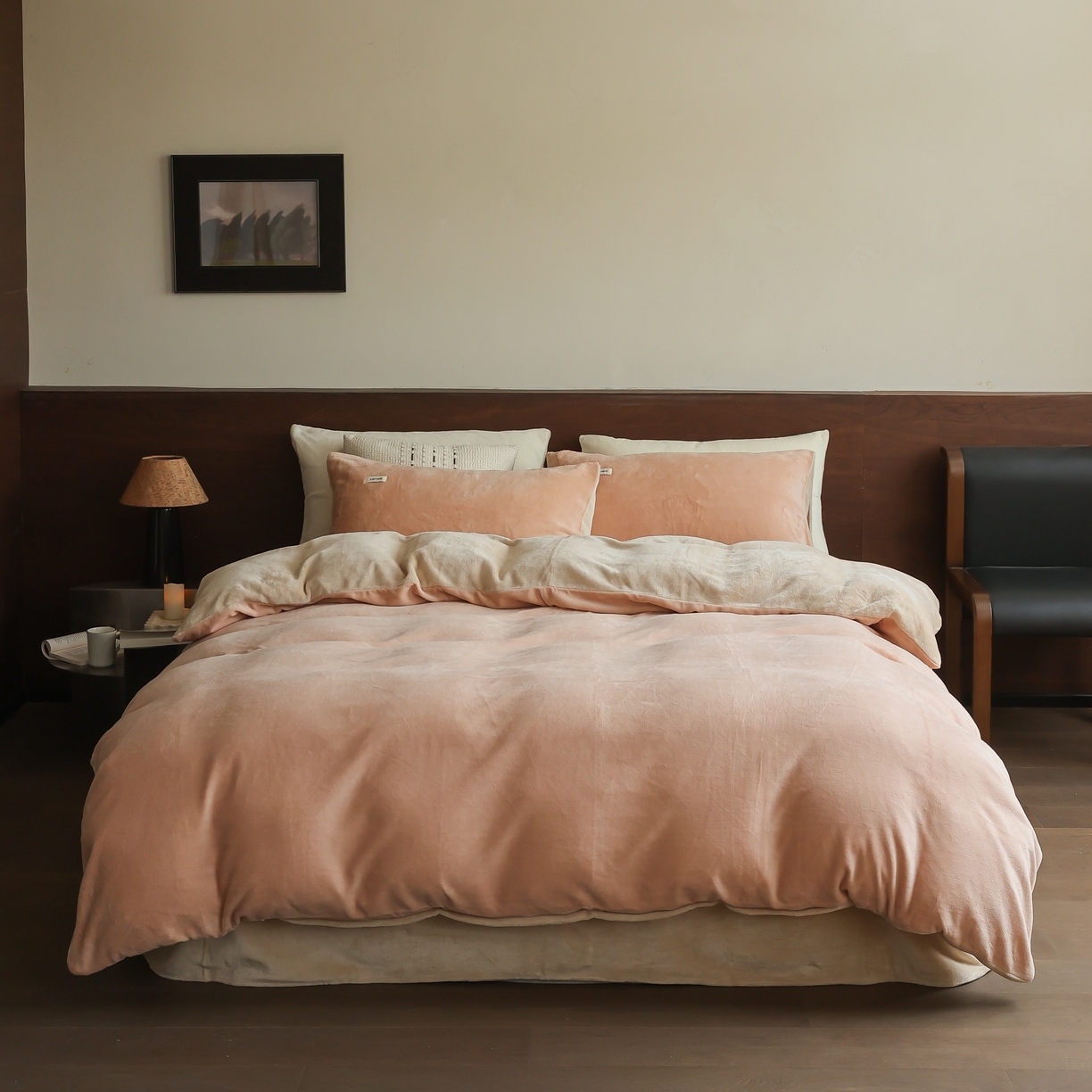 时光里 2025新款230克纯色简约双拼牛奶绒四件套套件 浅驼拼杏仁