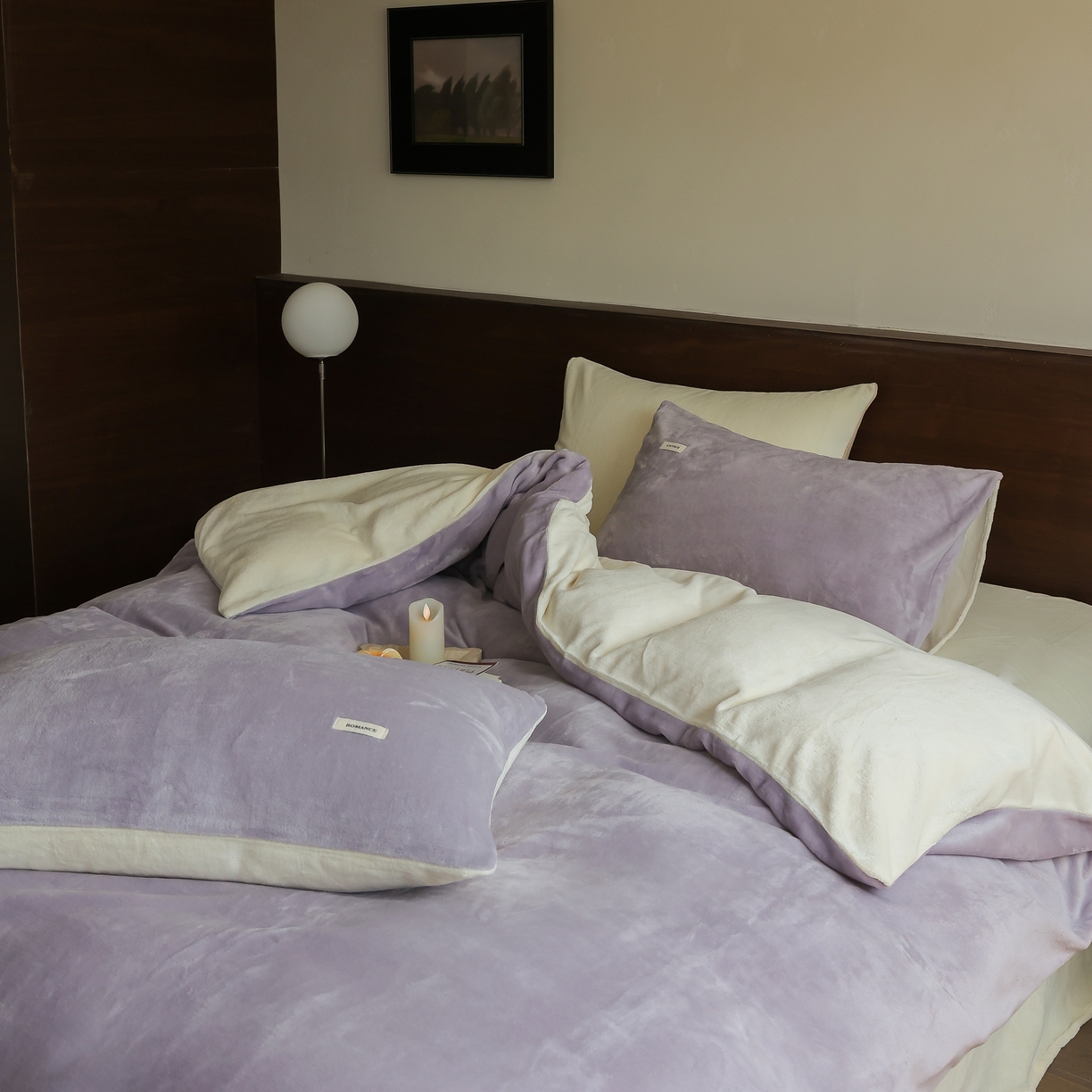 91家纺网 家纺一手货源 找家纺 时光里 2025新款230克纯色简约双拼牛奶绒四件套套件 浅紫拼奶白