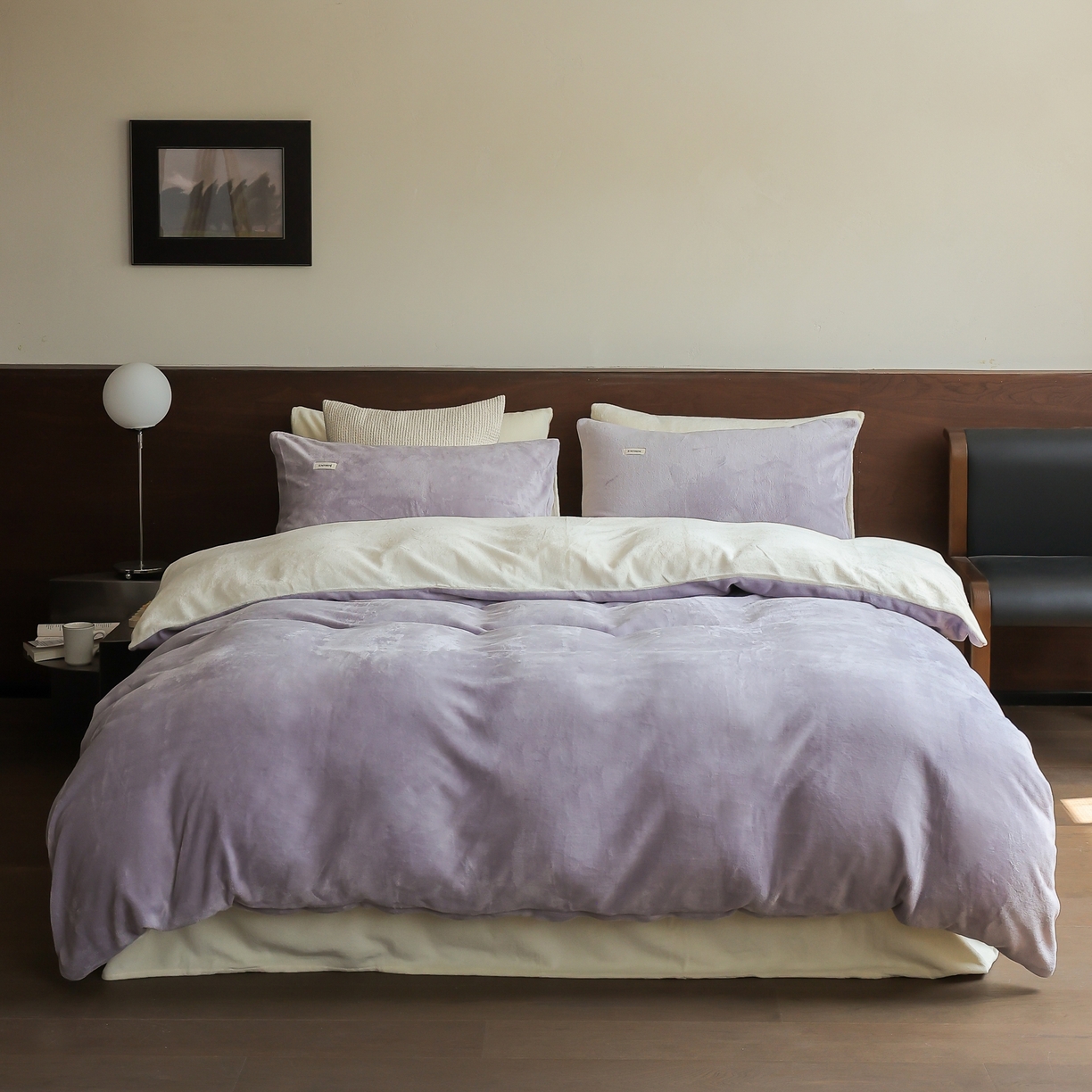 时光里 2025新款230克纯色简约双拼牛奶绒四件套套件 浅紫拼奶白