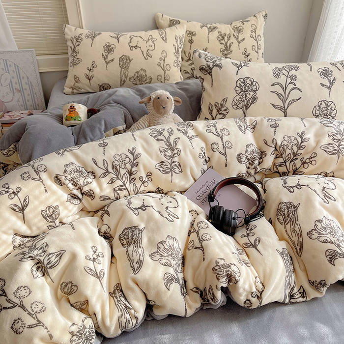 91家纺网 家纺一手货源 找家纺 yyds网供 2025新款萌趣四件套卡通花卉牛奶绒三件套加厚保暖裸睡治愈防静电 丛林兔影斯基