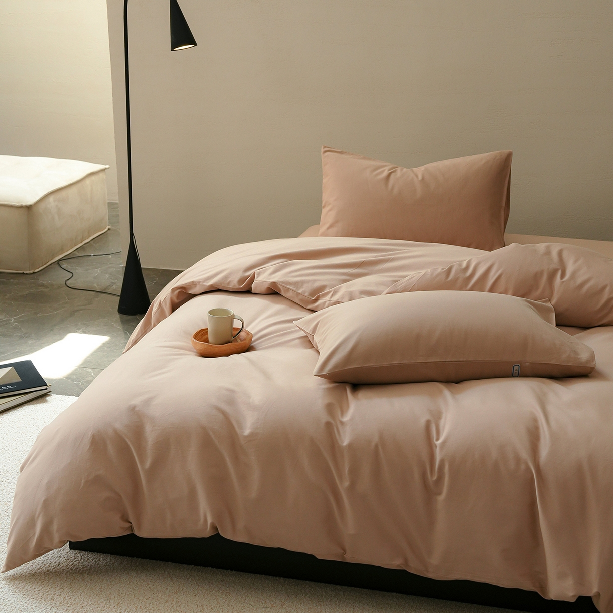 91家纺网 家纺一手货源 找家纺 禾时 2025新款A类全棉贡缎磨毛纯色四件套（礼盒包装）-风格1 鱼肚