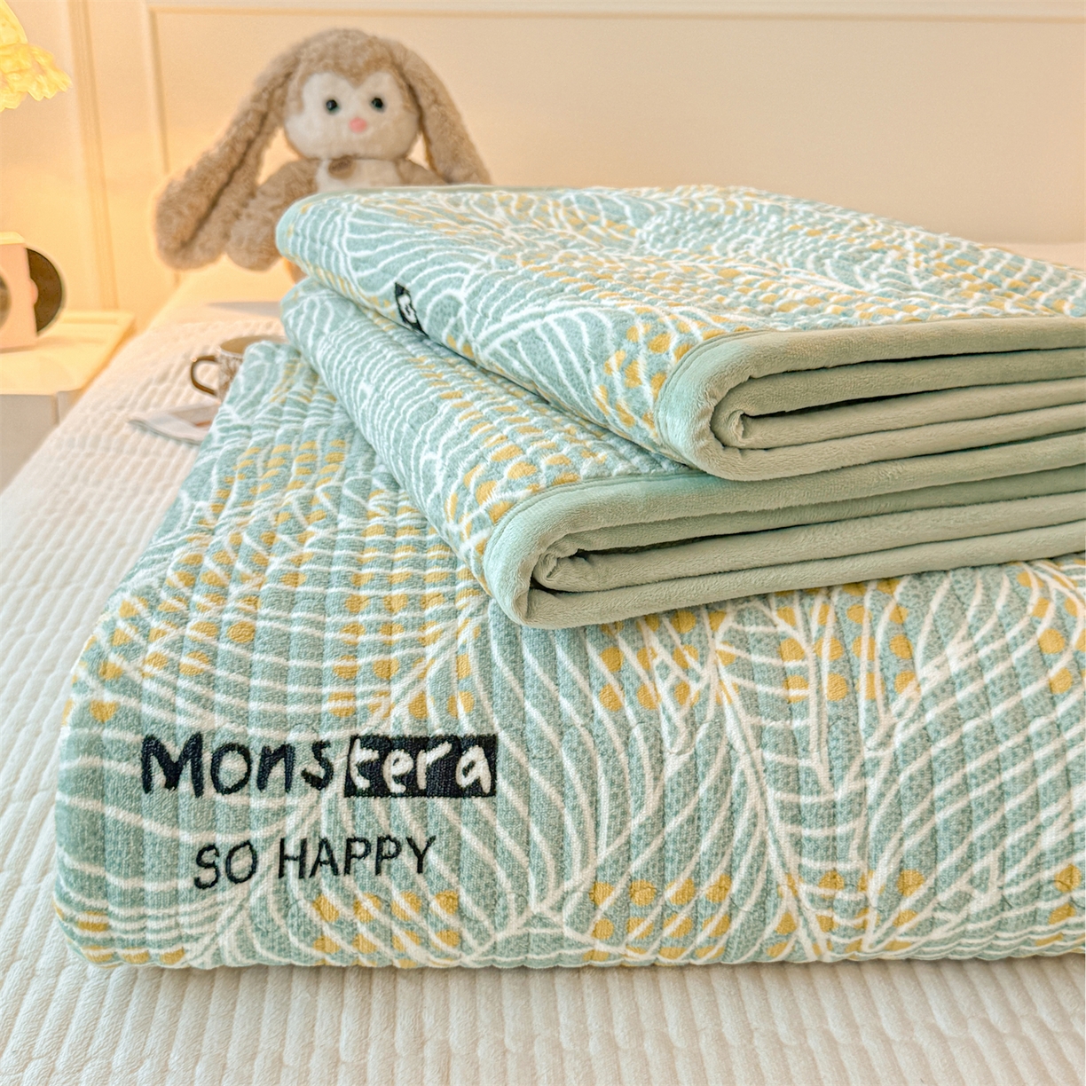 慕木家纺 2025新款高克重牛奶绒小清新印花卡通夹棉单床盖床盖单件（提供买家秀) 牛奶绒床盖-绿柏叶