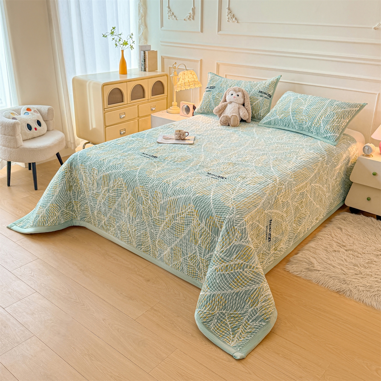 91家纺网 家纺一手货源 找家纺 慕木家纺 2025新款高克重牛奶绒小清新印花卡通夹棉单床盖床盖单件（提供买家秀) 牛奶绒床盖-绿柏叶