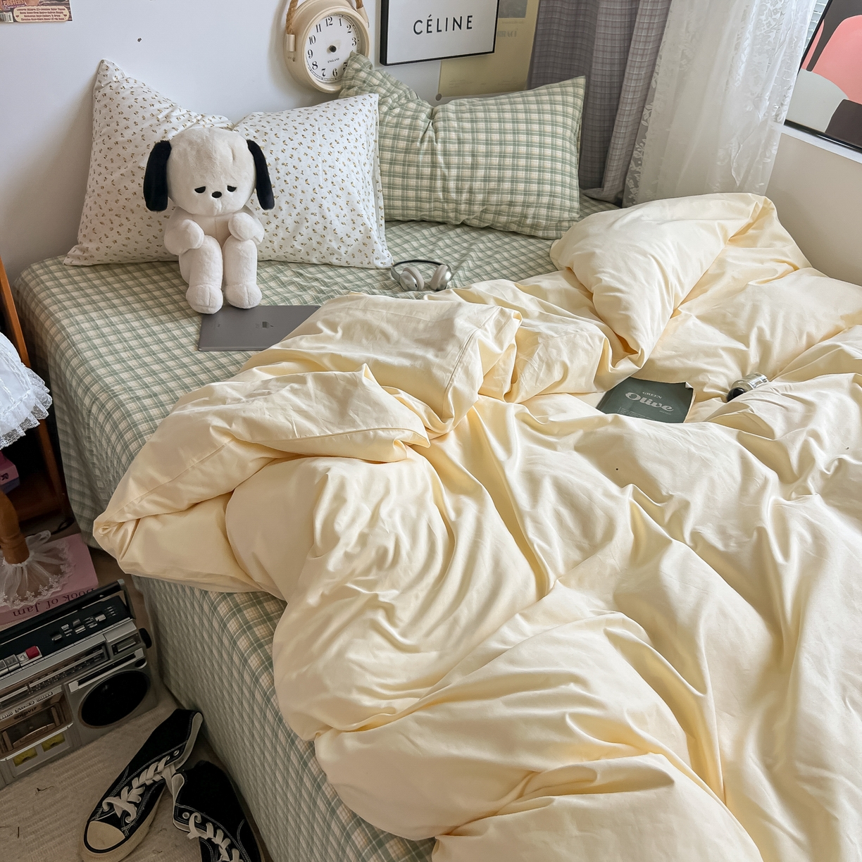 91家纺网 家纺一手货源 找家纺 对白 2025新款混搭全棉纯棉色织水洗棉四件套-西西里 西西里-香草黄（枕套香草黄+小花）