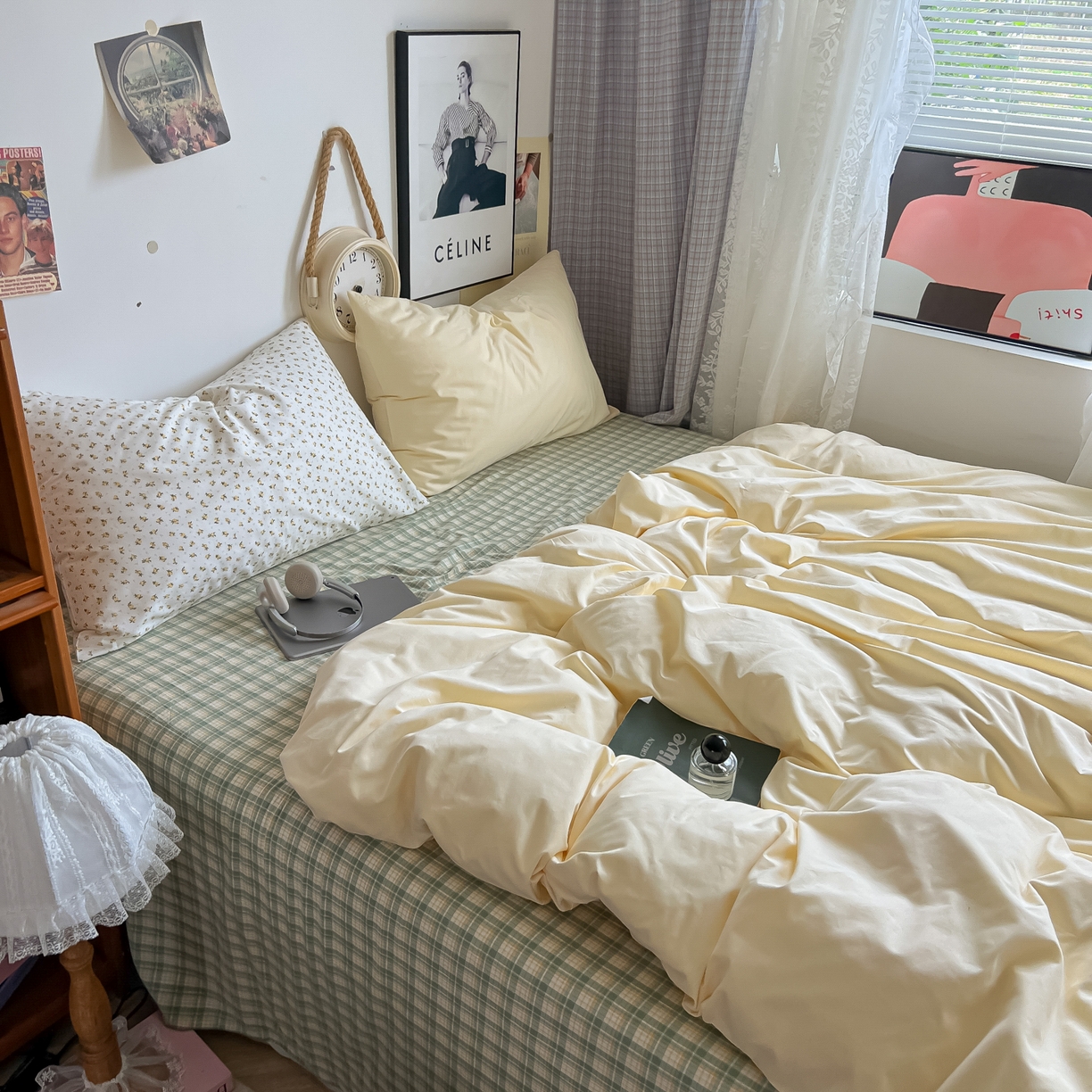 91家纺网 家纺一手货源 找家纺 对白 2025新款混搭全棉纯棉色织水洗棉四件套-西西里 西西里-香草黄（枕套香草黄+小花）