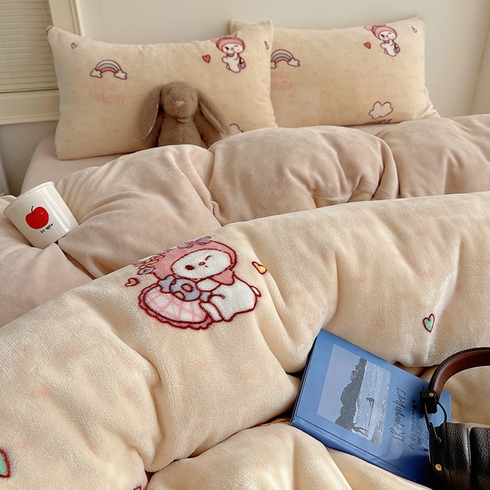 91家纺网 家纺一手货源 找家纺 yyds网供 2025新款萌趣四件套卡通花卉牛奶绒三件套加厚保暖裸睡治愈防静电 美乐蒂萌