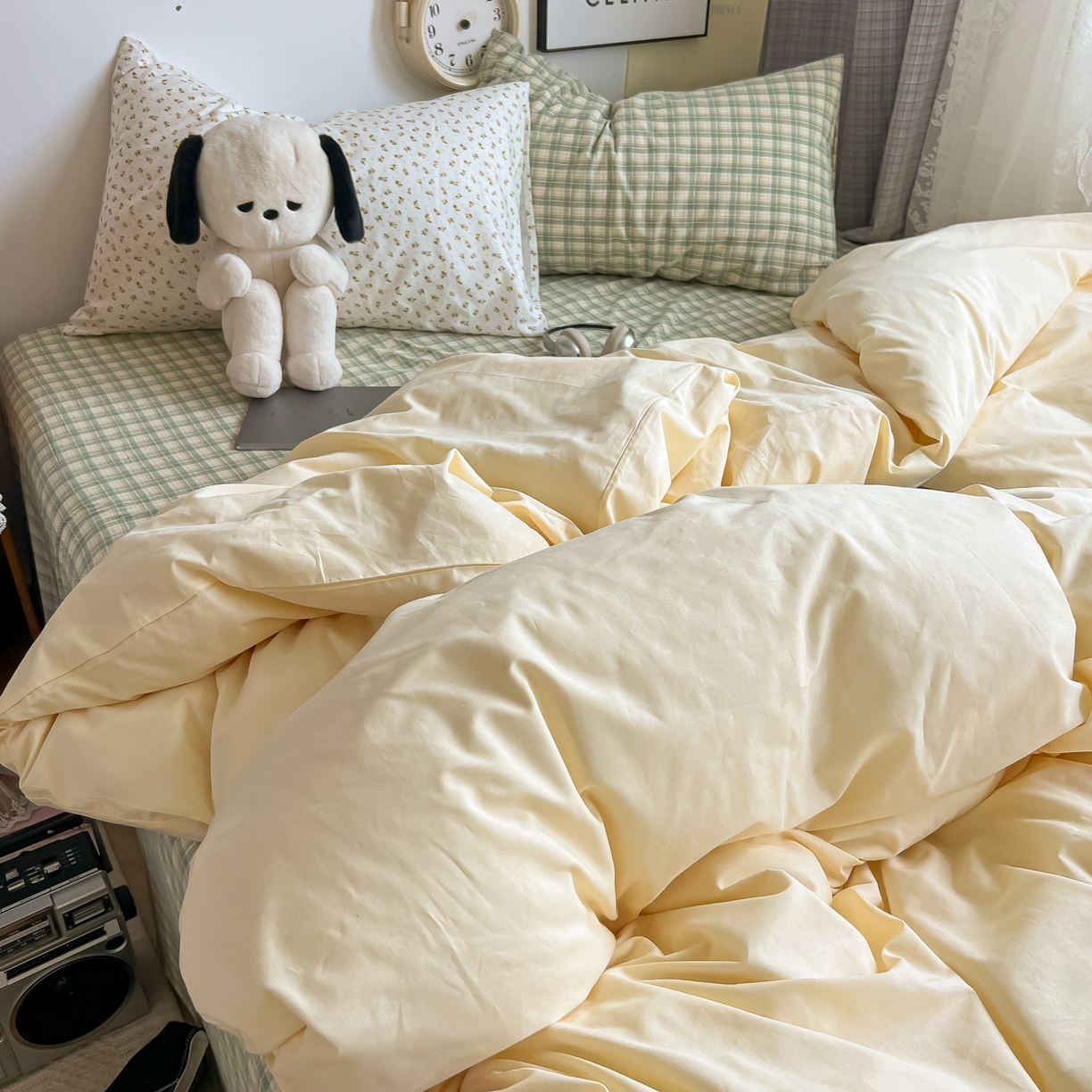 91家纺网 家纺一手货源 找家纺 对白 2025新款混搭全棉纯棉色织水洗棉四件套-西西里 西西里-香草黄（枕套香草黄+小花）