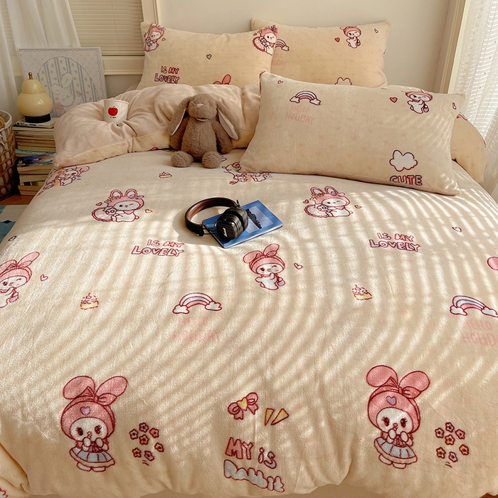 91家纺网 家纺一手货源 找家纺 yyds网供 2025新款萌趣四件套卡通花卉牛奶绒三件套加厚保暖裸睡治愈防静电 美乐蒂萌