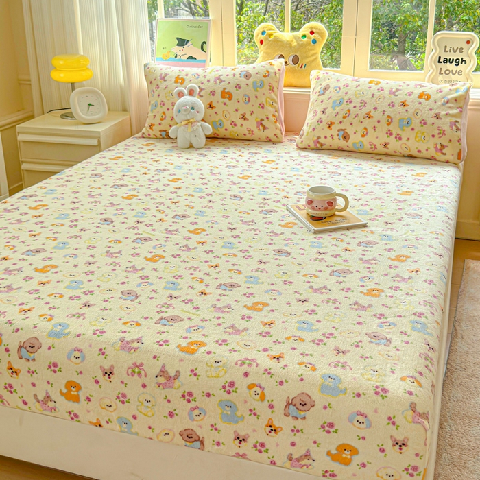 91家纺网 家纺一手货源 找家纺 澜妃 2025新款高克重软软糯糯牛奶绒单床笠CL系列（小红书推荐） CL-卖萌修狗