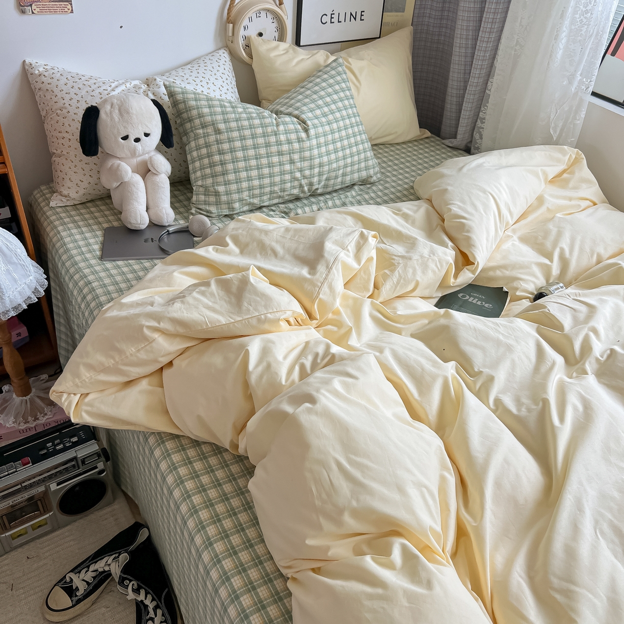 91家纺网 家纺一手货源 找家纺 对白 2025新款混搭全棉纯棉色织水洗棉四件套-西西里 西西里-香草黄（枕套格子）