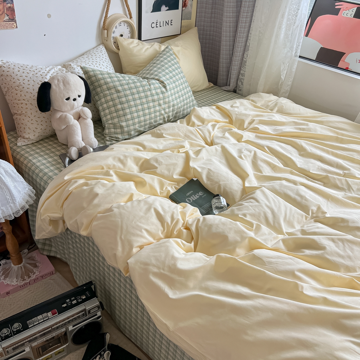 91家纺网 家纺一手货源 找家纺 对白 2025新款混搭全棉纯棉色织水洗棉四件套-西西里 西西里-香草黄（枕套格子）