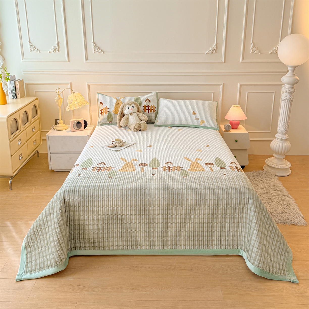 91家纺网 家纺一手货源 找家纺 慕木家纺 2025新款高克重牛奶绒小清新印花卡通夹棉单床盖床盖单件（提供买家秀) 牛奶绒床盖-萝卜兔