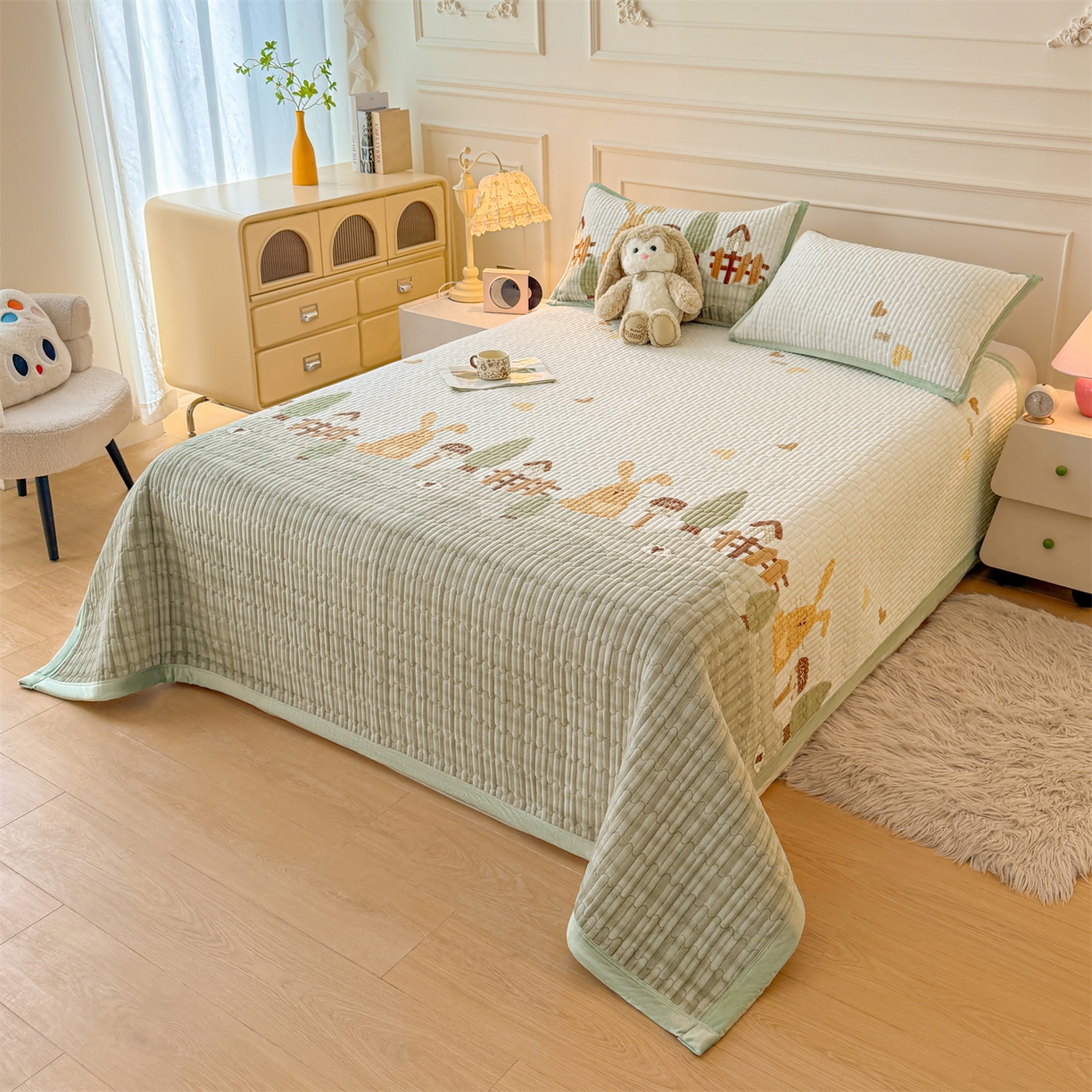 91家纺网 家纺一手货源 找家纺 慕木家纺 2025新款高克重牛奶绒小清新印花卡通夹棉单床盖床盖单件（提供买家秀) 牛奶绒床盖-萝卜兔