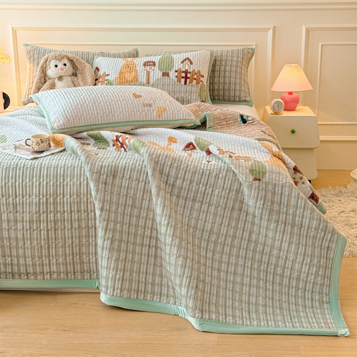 91家纺网 家纺一手货源 找家纺 慕木家纺 2025新款高克重牛奶绒小清新印花卡通夹棉单床盖床盖单件（提供买家秀) 牛奶绒床盖-萝卜兔