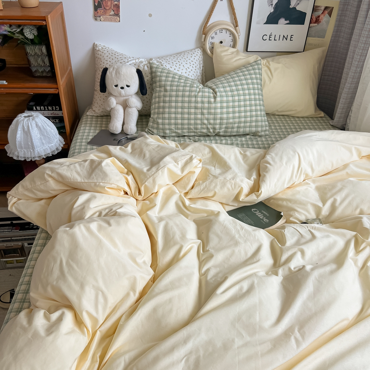 91家纺网 家纺一手货源 找家纺 对白 2025新款混搭全棉纯棉色织水洗棉四件套-西西里 西西里-香草黄（枕套格子）