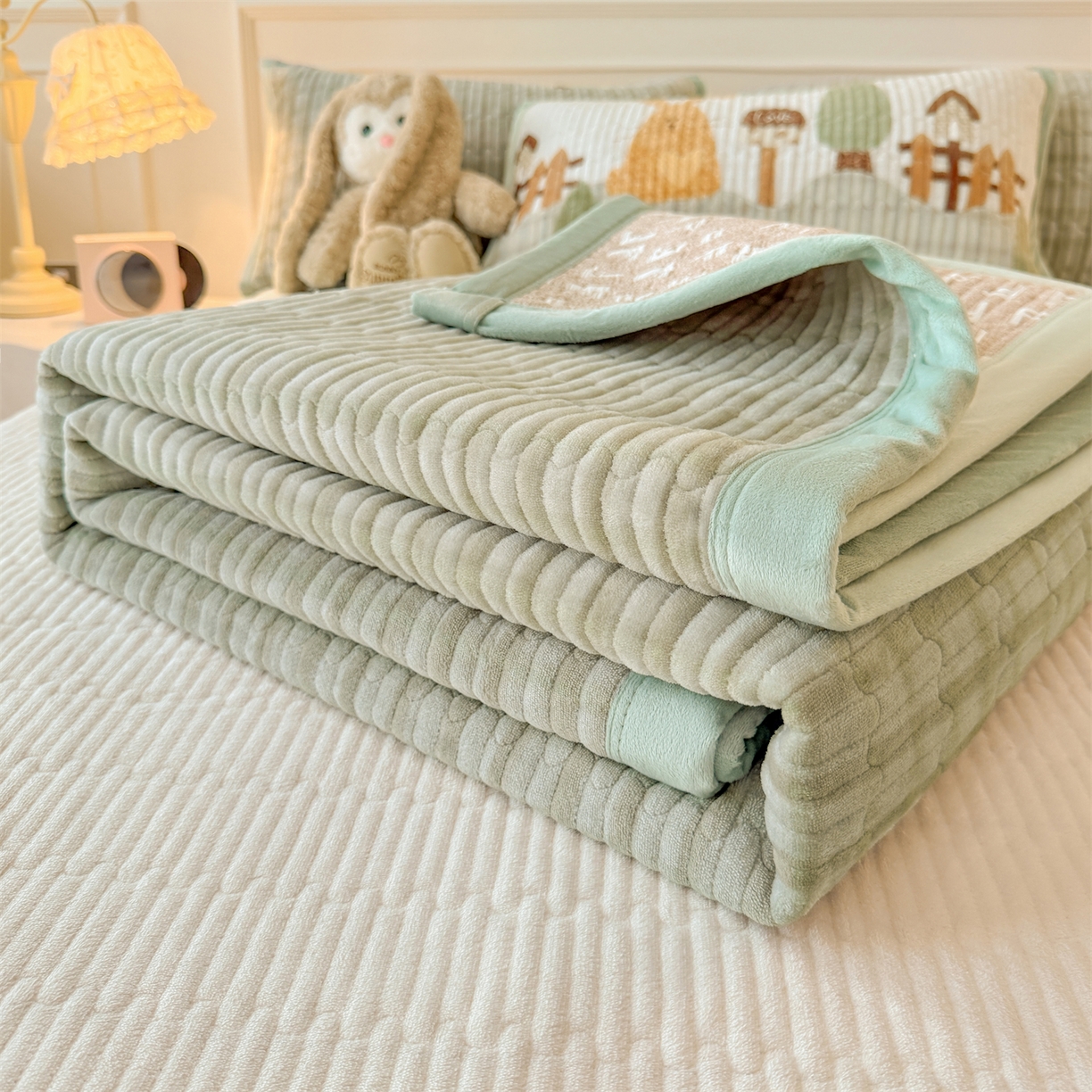 91家纺网 家纺一手货源 找家纺 慕木家纺 2025新款高克重牛奶绒小清新印花卡通夹棉单床盖床盖单件（提供买家秀) 牛奶绒床盖-萝卜兔