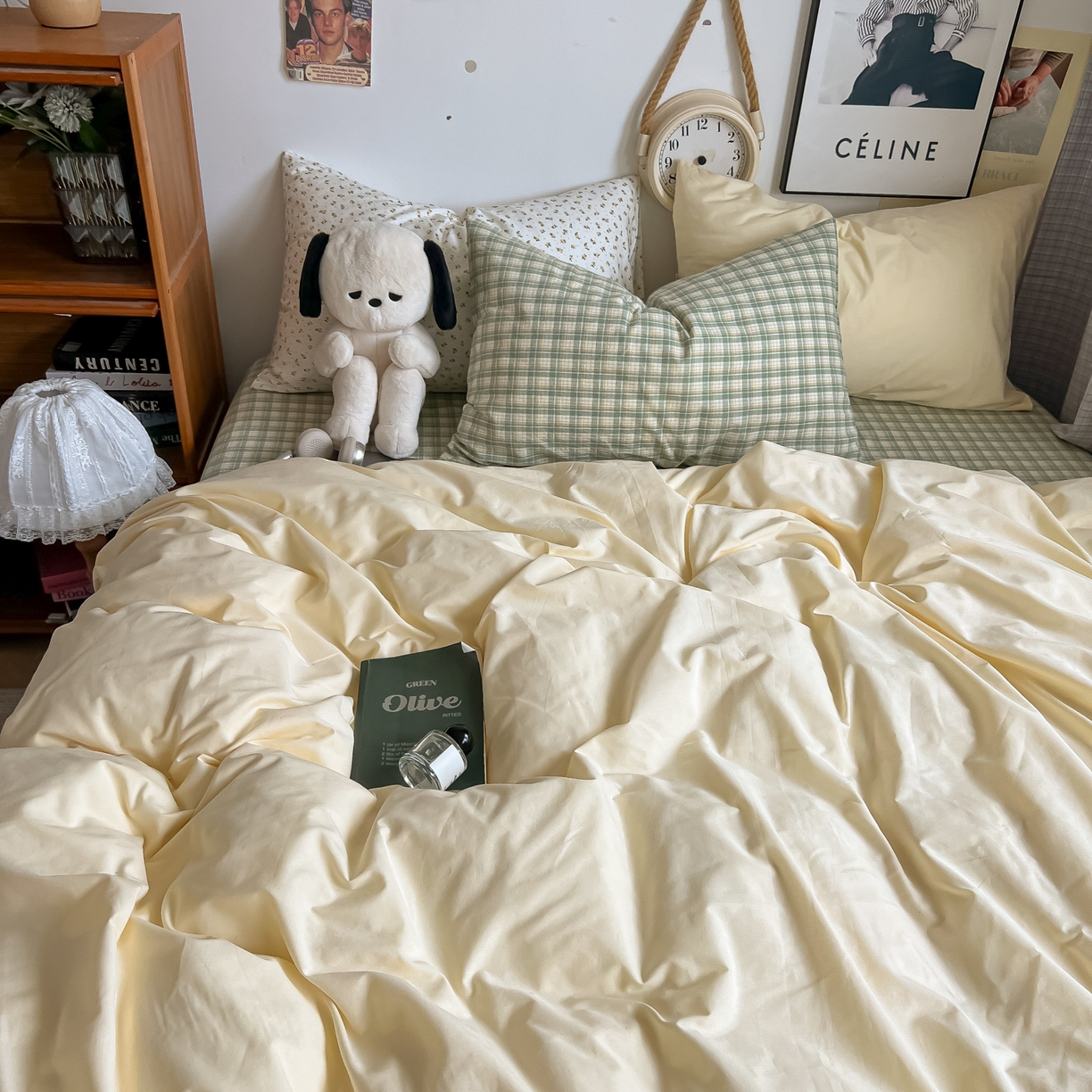 91家纺网 家纺一手货源 找家纺 对白 2025新款混搭全棉纯棉色织水洗棉四件套-西西里 西西里-香草黄（枕套格子+小花）