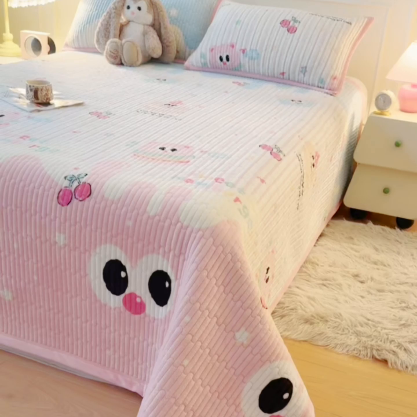 91家纺网 家纺一手货源 找家纺 慕木家纺 2025新款高克重牛奶绒小清新印花卡通夹棉单床盖床盖单件（提供买家秀) 牛奶绒床盖-樱桃小猪