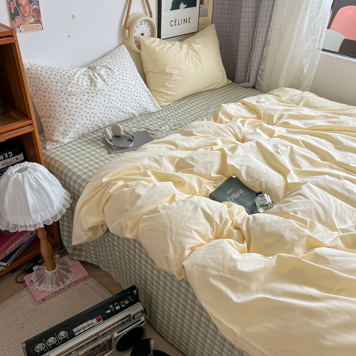 91家纺网 家纺一手货源 找家纺 对白 2025新款混搭全棉纯棉色织水洗棉四件套-西西里 西西里-香草黄（枕套格子+小花）