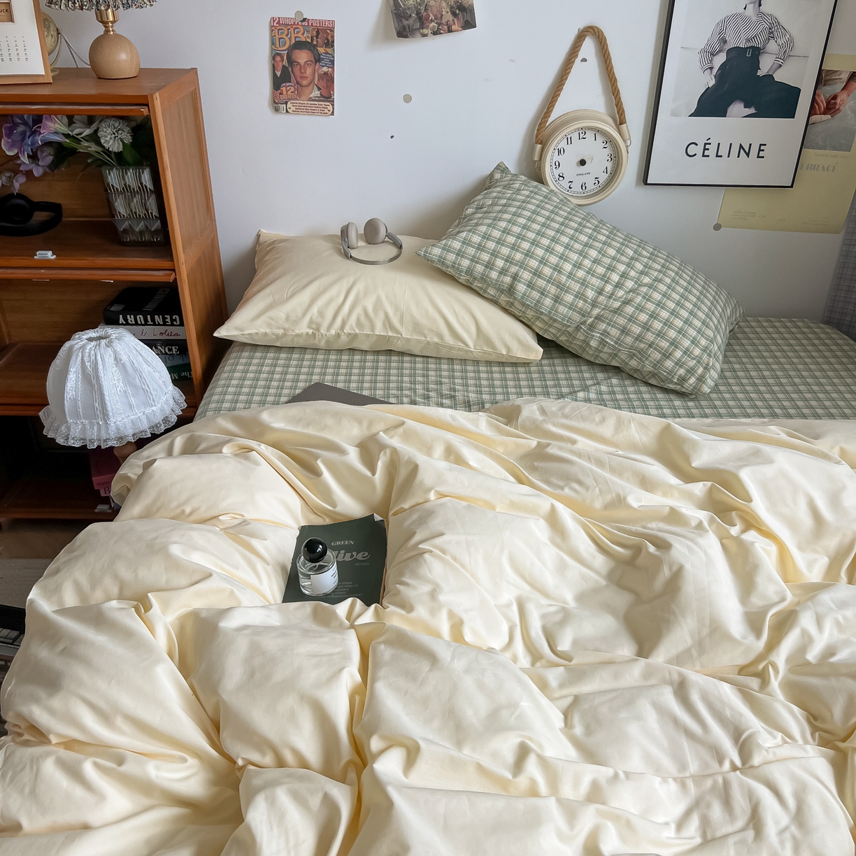 91家纺网 家纺一手货源 找家纺 对白 2025新款混搭全棉纯棉色织水洗棉四件套-西西里 西西里-香草黄（枕套格子+小花）