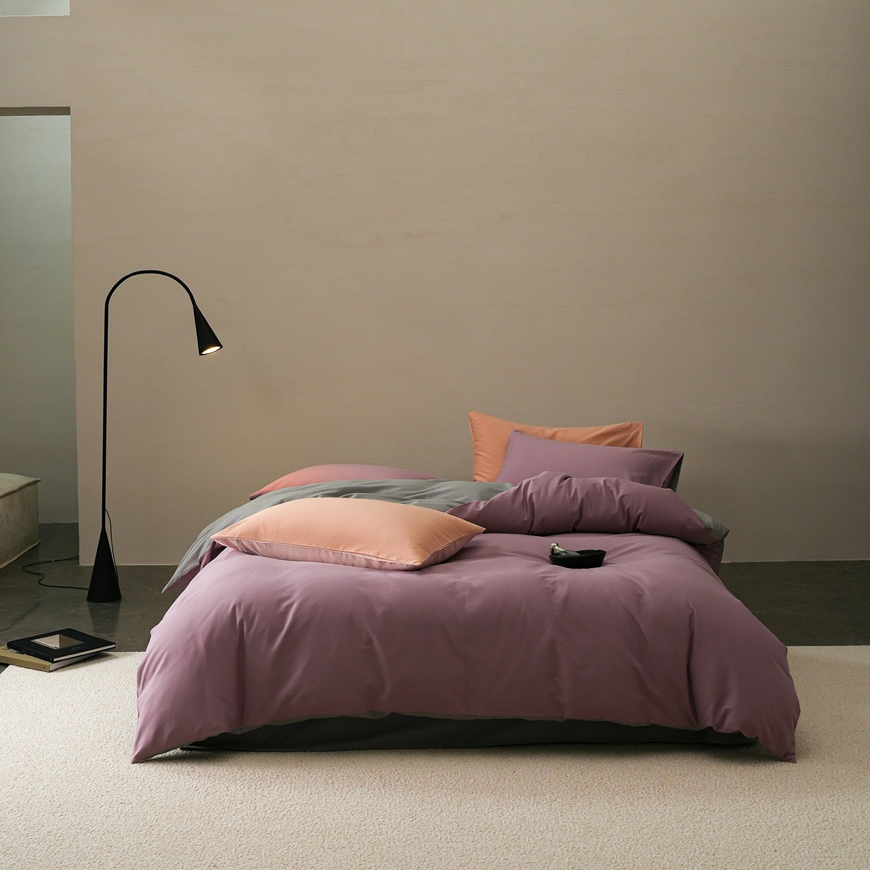 禾时 2025新款A类全棉贡缎磨毛纯色四件套（礼盒包装）-风格1 紫调