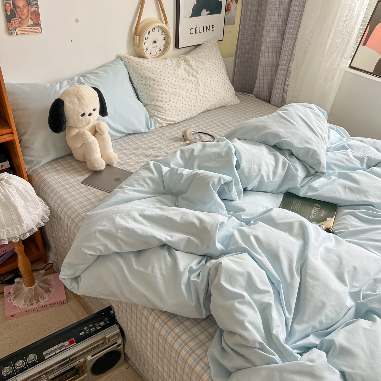 91家纺网 家纺一手货源 找家纺 对白 2025新款混搭全棉纯棉色织水洗棉四件套-西西里 西西里-天青蓝（枕套天青蓝+小花）