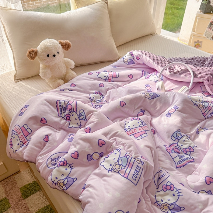 91家纺网 家纺一手货源 找家纺 希诺家居 2025新款正版授权三丽鸥秋冬针织棉豆豆被儿童被被子被芯 紫色kt