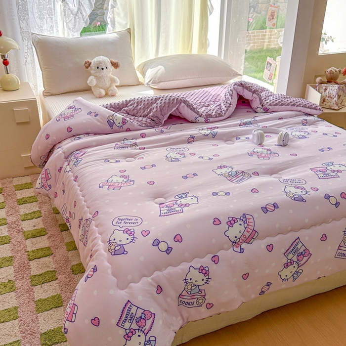 91家纺网 家纺一手货源 找家纺 希诺家居 2025新款正版授权三丽鸥秋冬针织棉豆豆被儿童被被子被芯 紫色kt