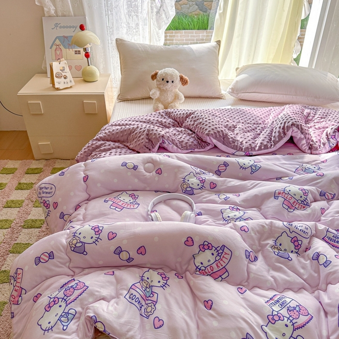 91家纺网 家纺一手货源 找家纺 希诺家居 2025新款正版授权三丽鸥秋冬针织棉豆豆被儿童被被子被芯 紫色kt