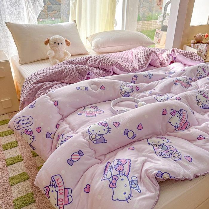 91家纺网 家纺一手货源 找家纺 希诺家居 2025新款正版授权三丽鸥秋冬针织棉豆豆被儿童被被子被芯 紫色kt