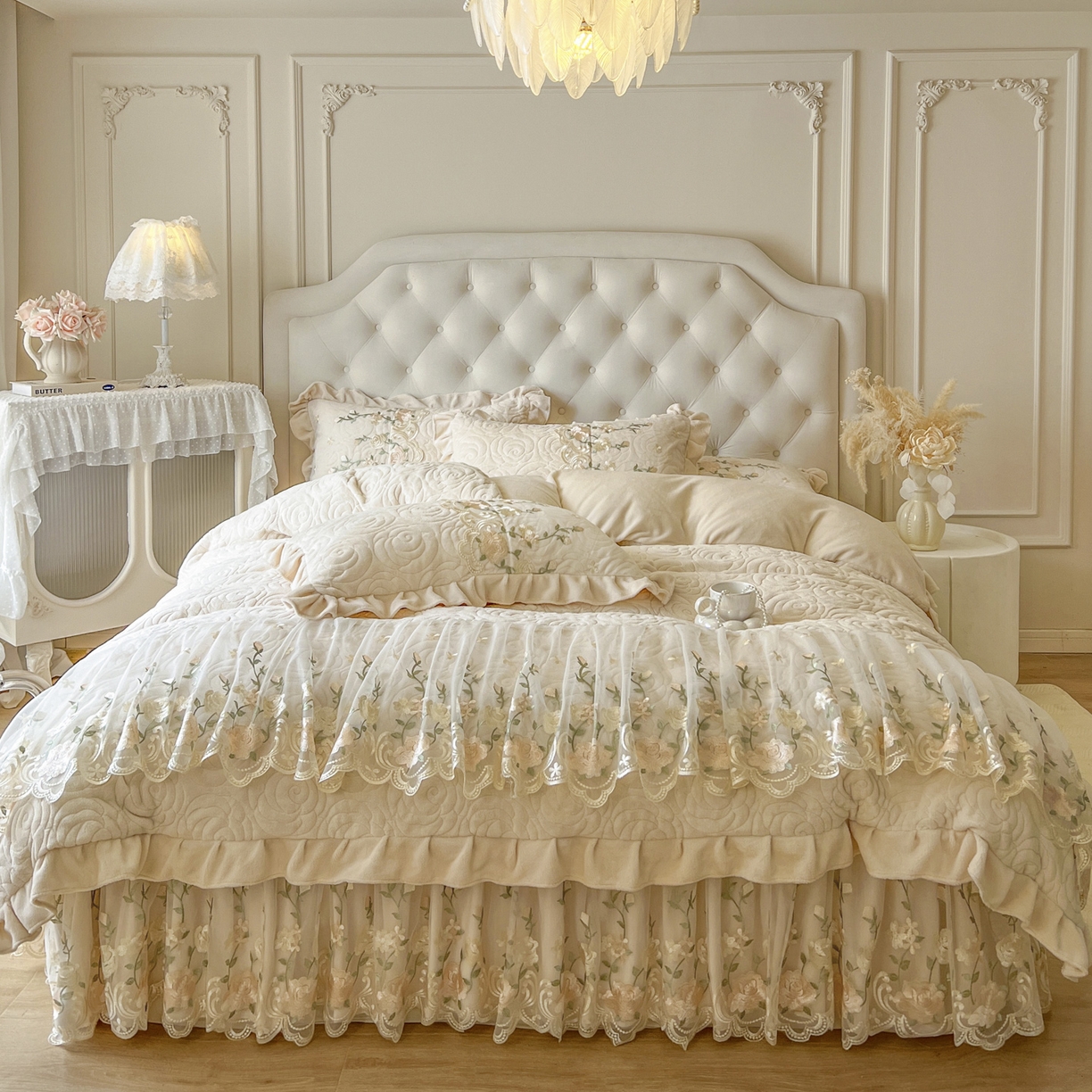 91家纺网 家纺一手货源 找家纺 恋尚 2025新款木凉淳浪漫蕾丝床裙四件套-米朵 米朵-浅蓝