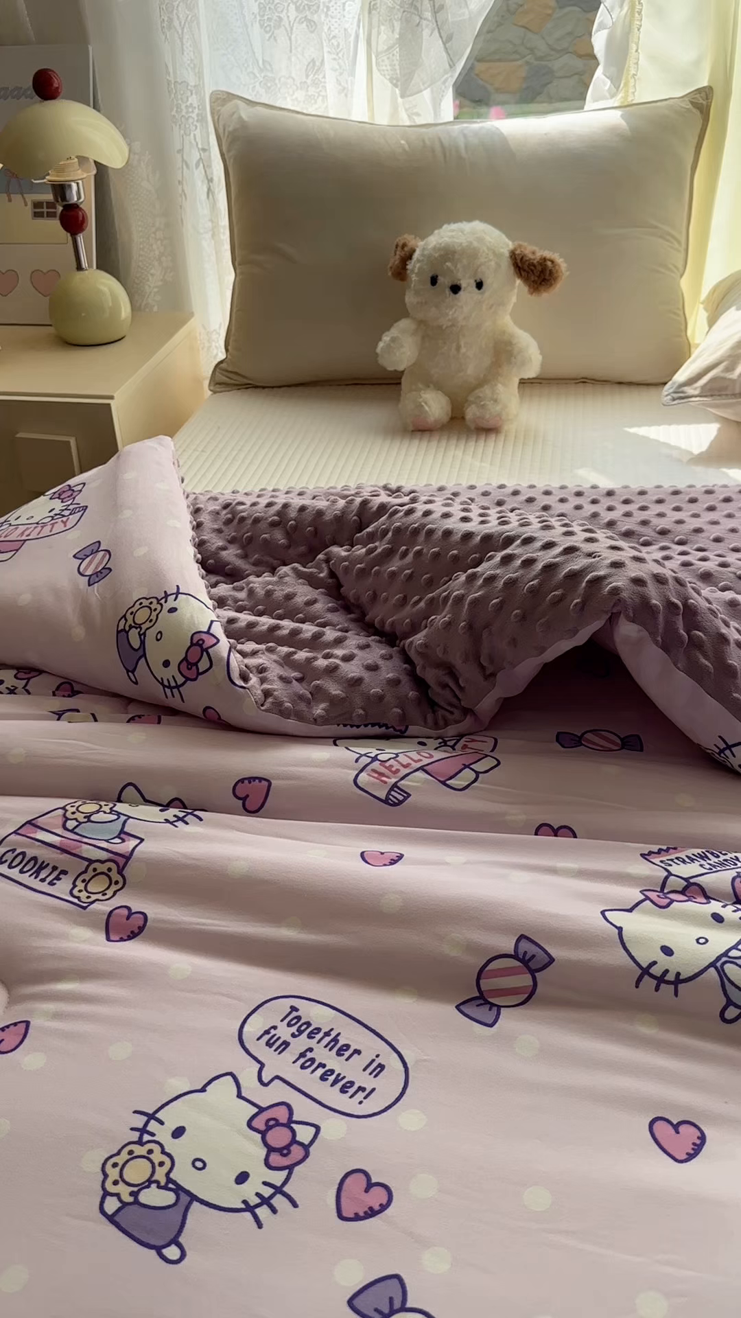 91家纺网 家纺一手货源 找家纺 希诺家居 2025新款正版授权三丽鸥秋冬针织棉豆豆被儿童被被子被芯 紫色kt