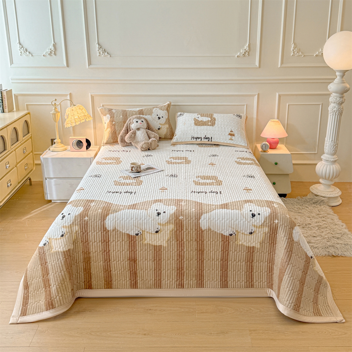 91家纺网 家纺一手货源 找家纺 慕木家纺 2025新款高克重牛奶绒小清新印花卡通夹棉单床盖床盖单件（提供买家秀) 牛奶绒床盖-可爱狗