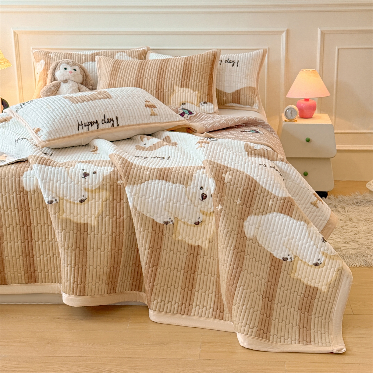 91家纺网 家纺一手货源 找家纺 慕木家纺 2025新款高克重牛奶绒小清新印花卡通夹棉单床盖床盖单件（提供买家秀) 牛奶绒床盖-可爱狗