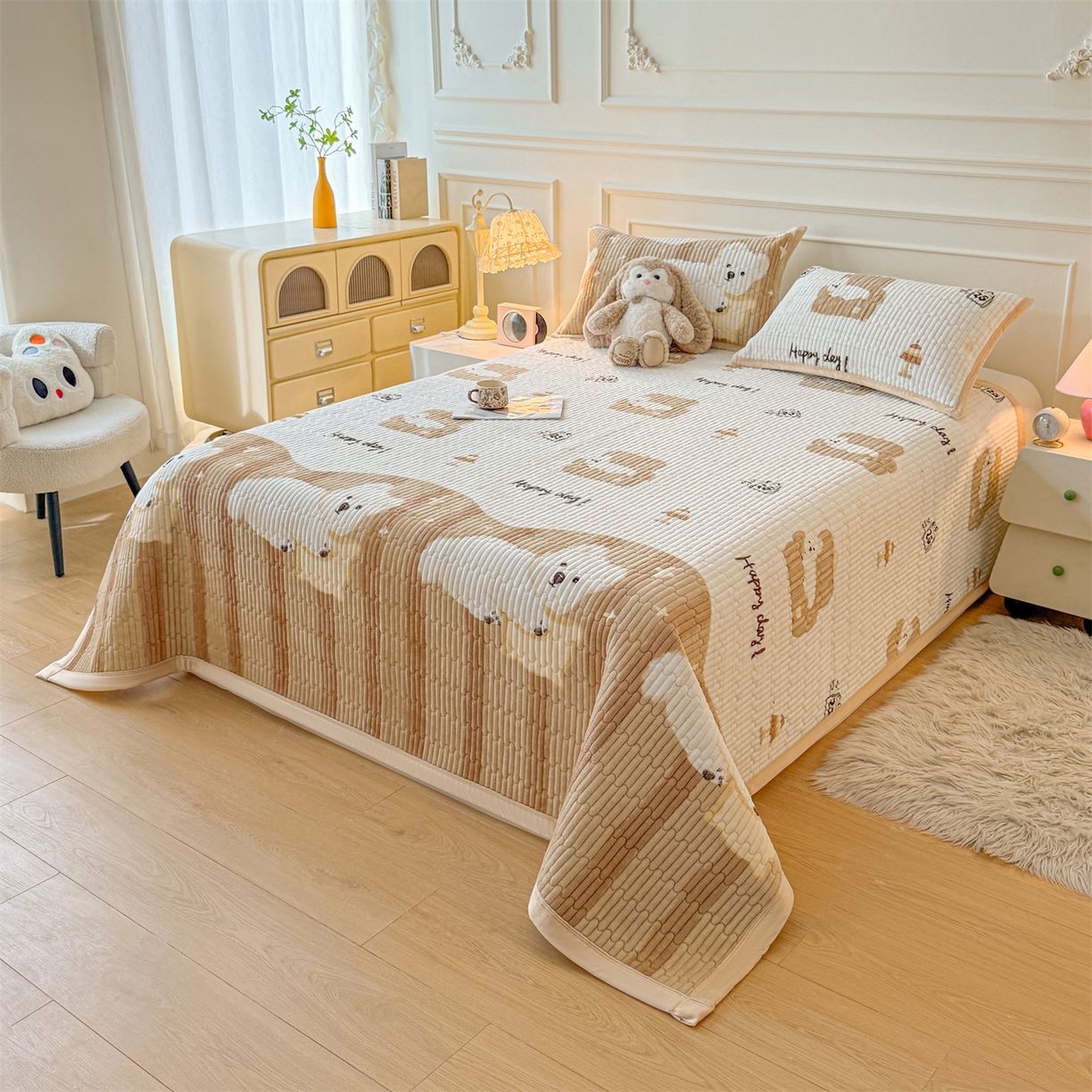 91家纺网 家纺一手货源 找家纺 慕木家纺 2025新款高克重牛奶绒小清新印花卡通夹棉单床盖床盖单件（提供买家秀) 牛奶绒床盖-可爱狗
