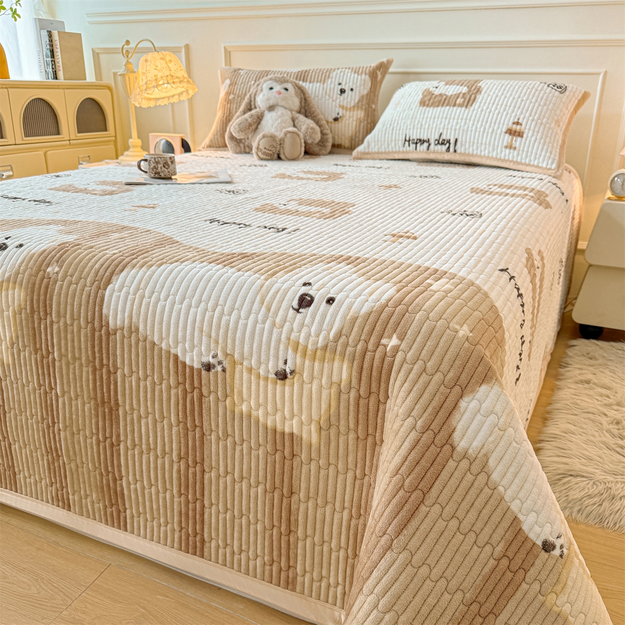 91家纺网 家纺一手货源 找家纺 慕木家纺 2025新款高克重牛奶绒小清新印花卡通夹棉单床盖床盖单件（提供买家秀) 牛奶绒床盖-可爱狗