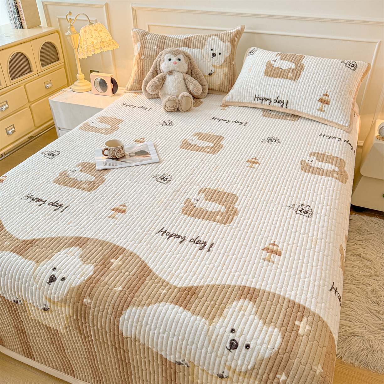 91家纺网 家纺一手货源 找家纺 慕木家纺 2025新款高克重牛奶绒小清新印花卡通夹棉单床盖床盖单件（提供买家秀) 牛奶绒床盖-可爱狗