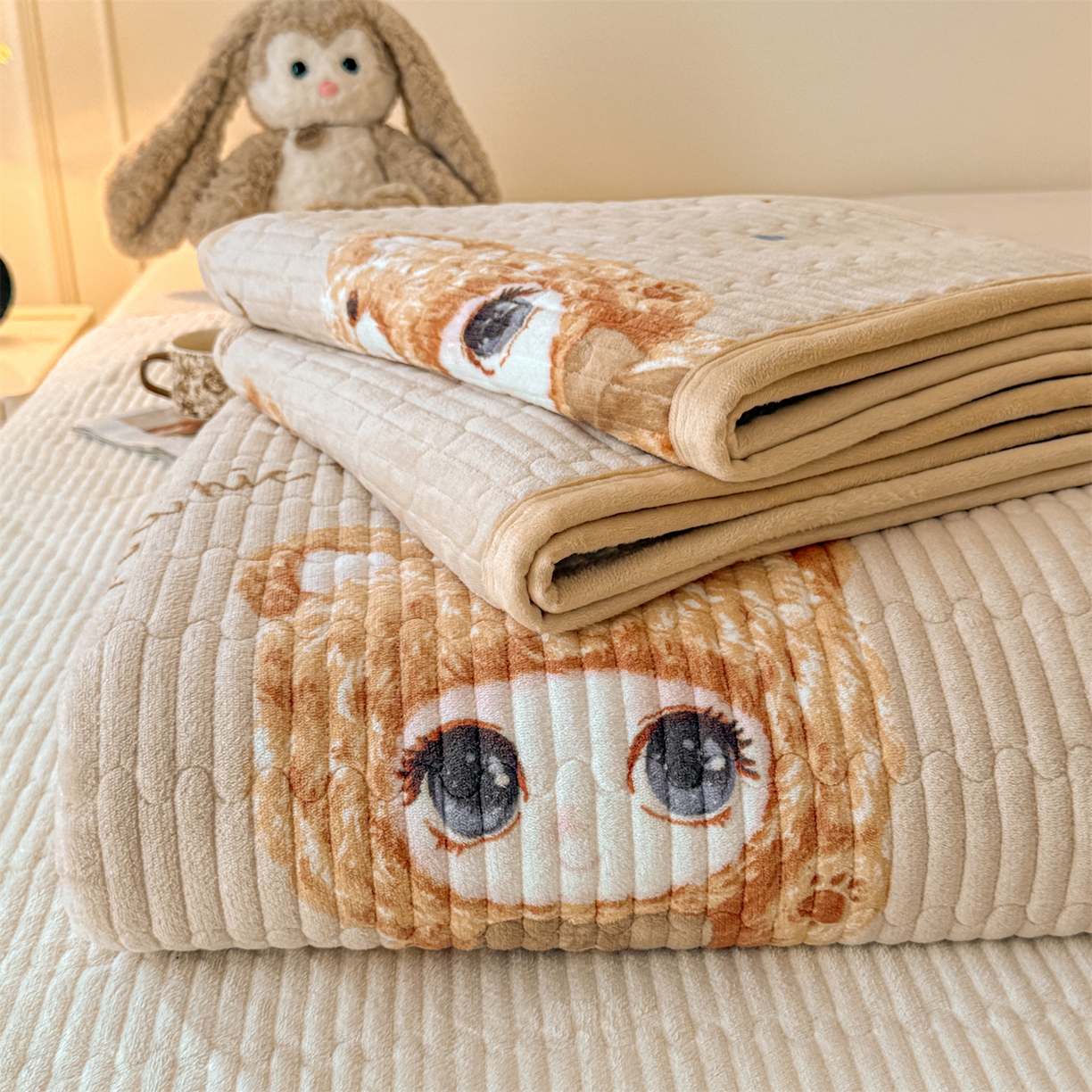 慕木家纺 2025新款高克重牛奶绒小清新印花卡通夹棉单床盖床盖单件（提供买家秀) 牛奶绒床盖-拉布咖