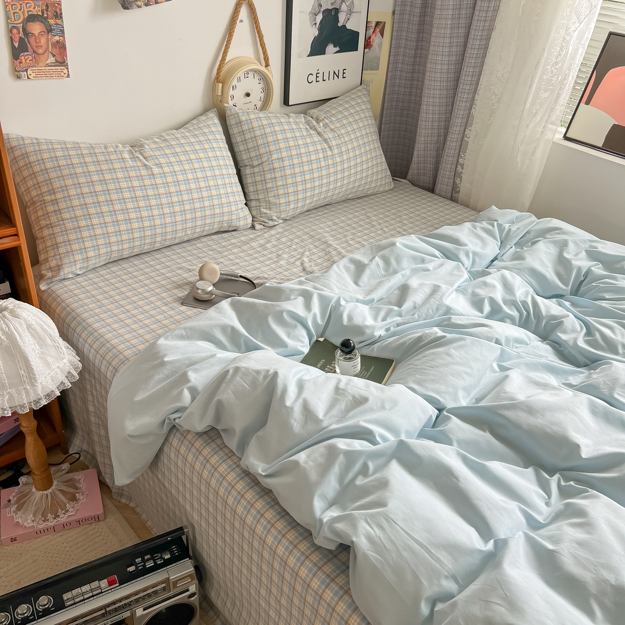 91家纺网 家纺一手货源 找家纺 对白 2025新款混搭全棉纯棉色织水洗棉四件套-西西里 西西里-天青蓝（枕套格子）