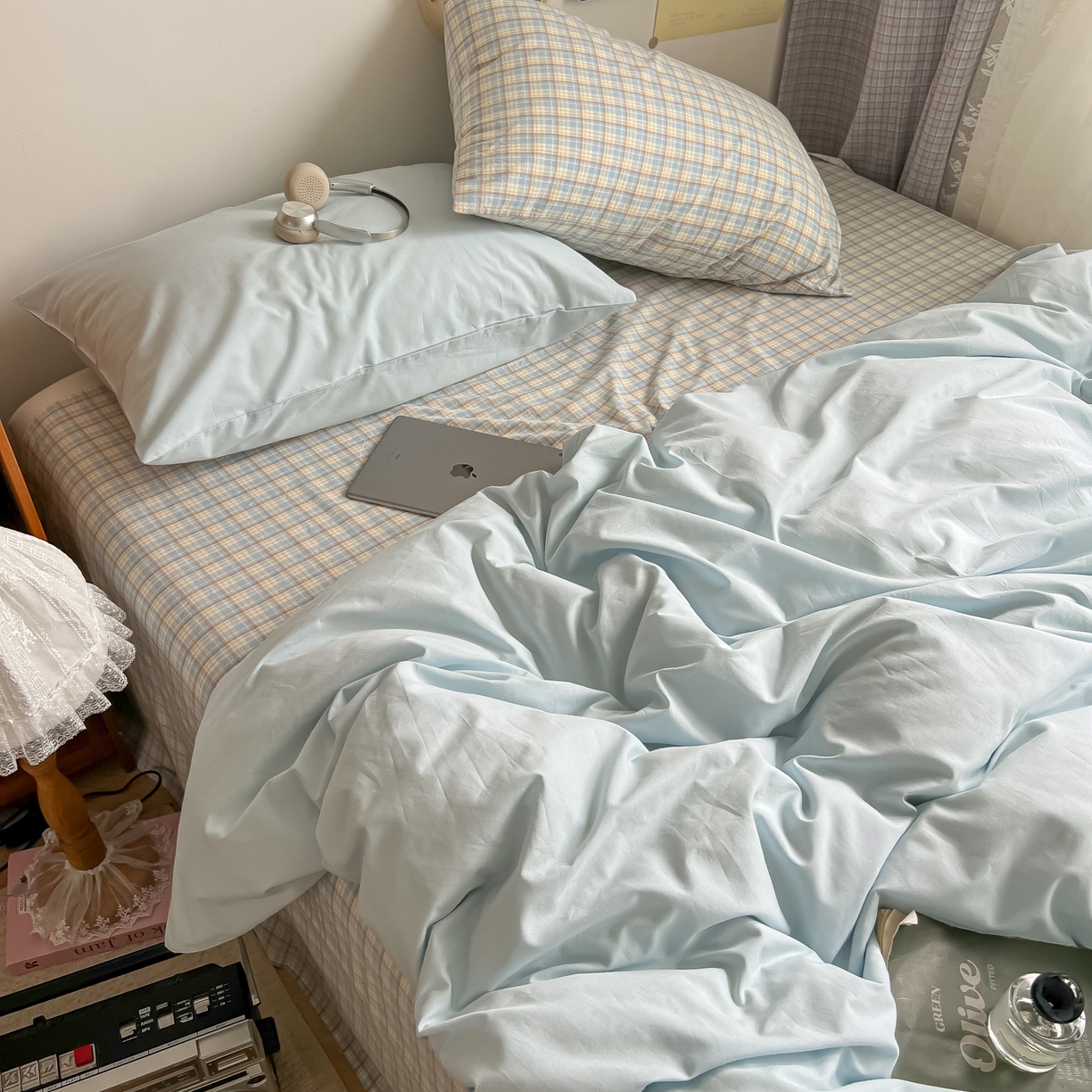 91家纺网 家纺一手货源 找家纺 对白 2025新款混搭全棉纯棉色织水洗棉四件套-西西里 西西里-天青蓝（枕套格子）