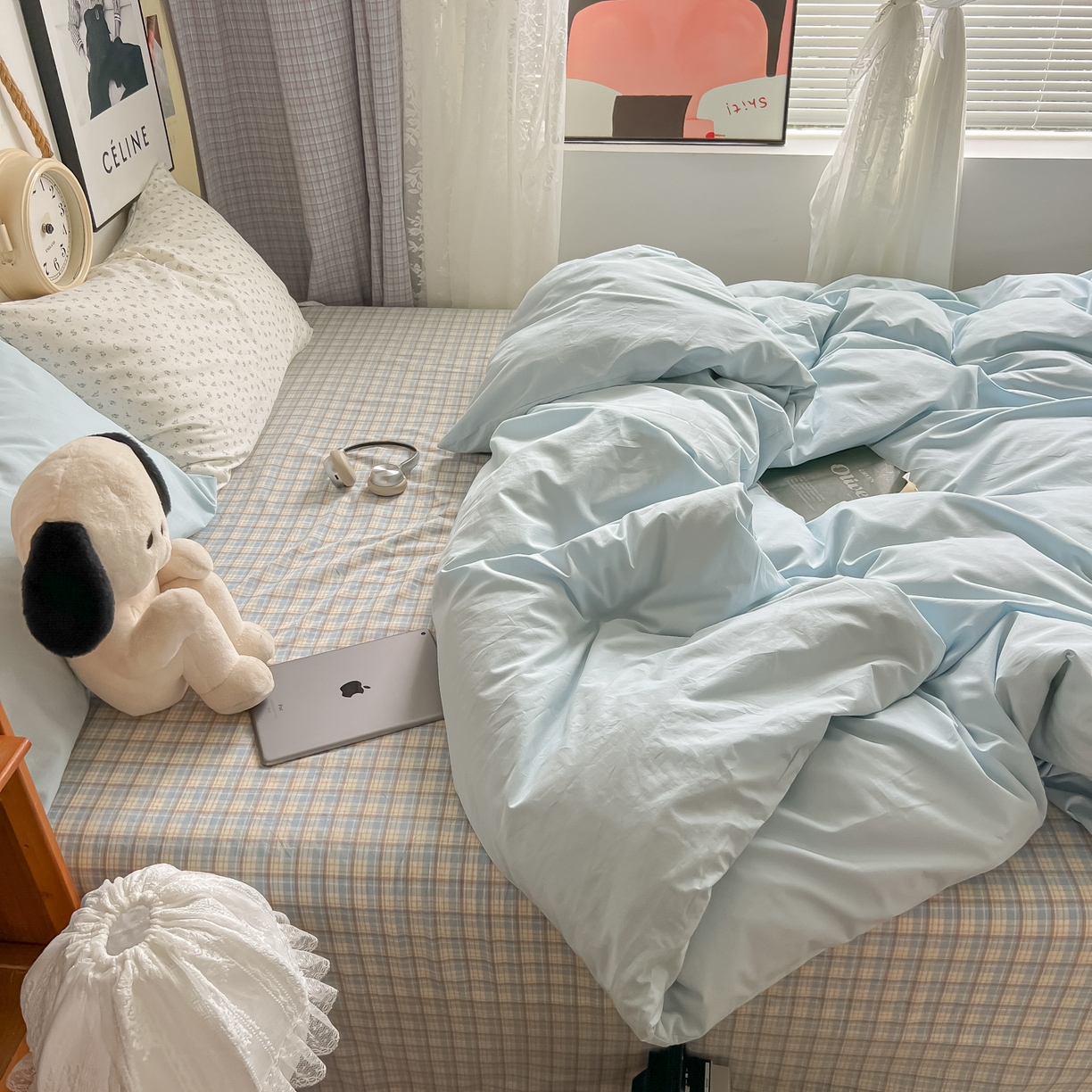 91家纺网 家纺一手货源 找家纺 对白 2025新款混搭全棉纯棉色织水洗棉四件套-西西里 西西里-天青蓝（枕套格子）