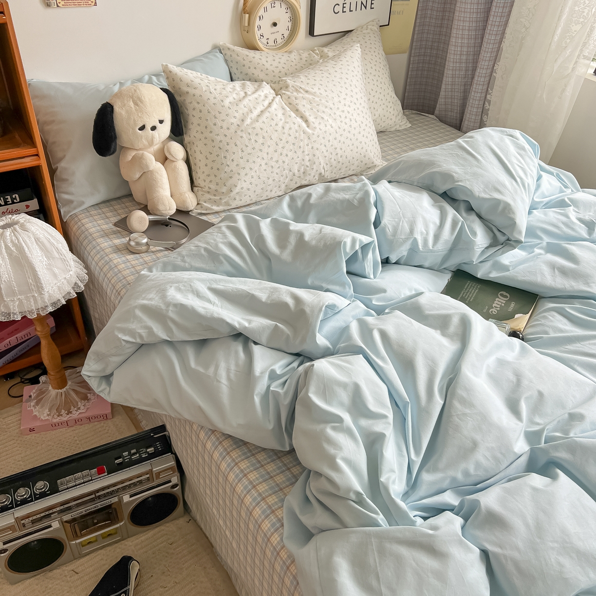 91家纺网 家纺一手货源 找家纺 对白 2025新款混搭全棉纯棉色织水洗棉四件套-西西里 西西里-天青蓝（枕套格子）