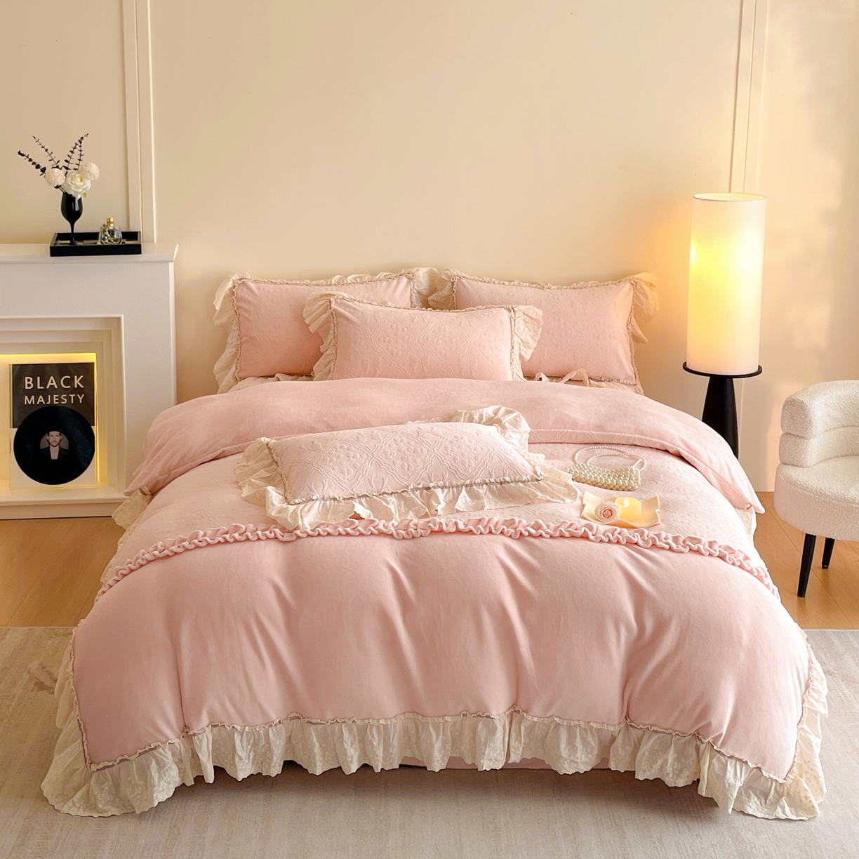 沐辰 2025新款雕花牛奶绒拼接花边四件套-浪漫巴黎 浪漫巴黎-浅粉