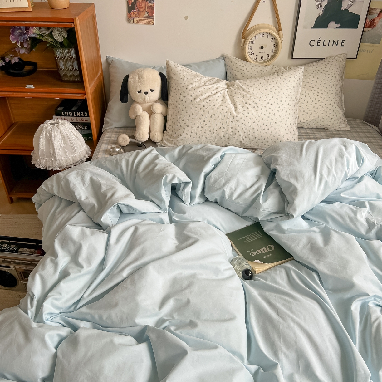 91家纺网 家纺一手货源 找家纺 对白 2025新款混搭全棉纯棉色织水洗棉四件套-西西里 西西里-天青蓝（枕套格子）