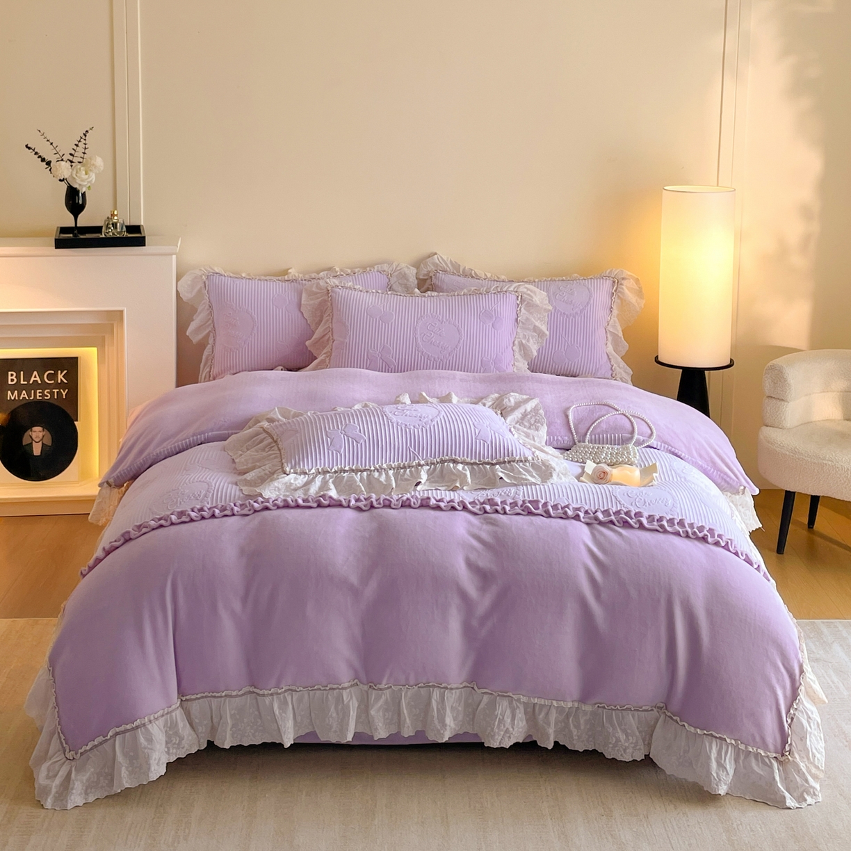 沐辰 2025新款雕花牛奶绒拼接花边四件套-浪漫巴黎 浪漫巴黎-浅紫