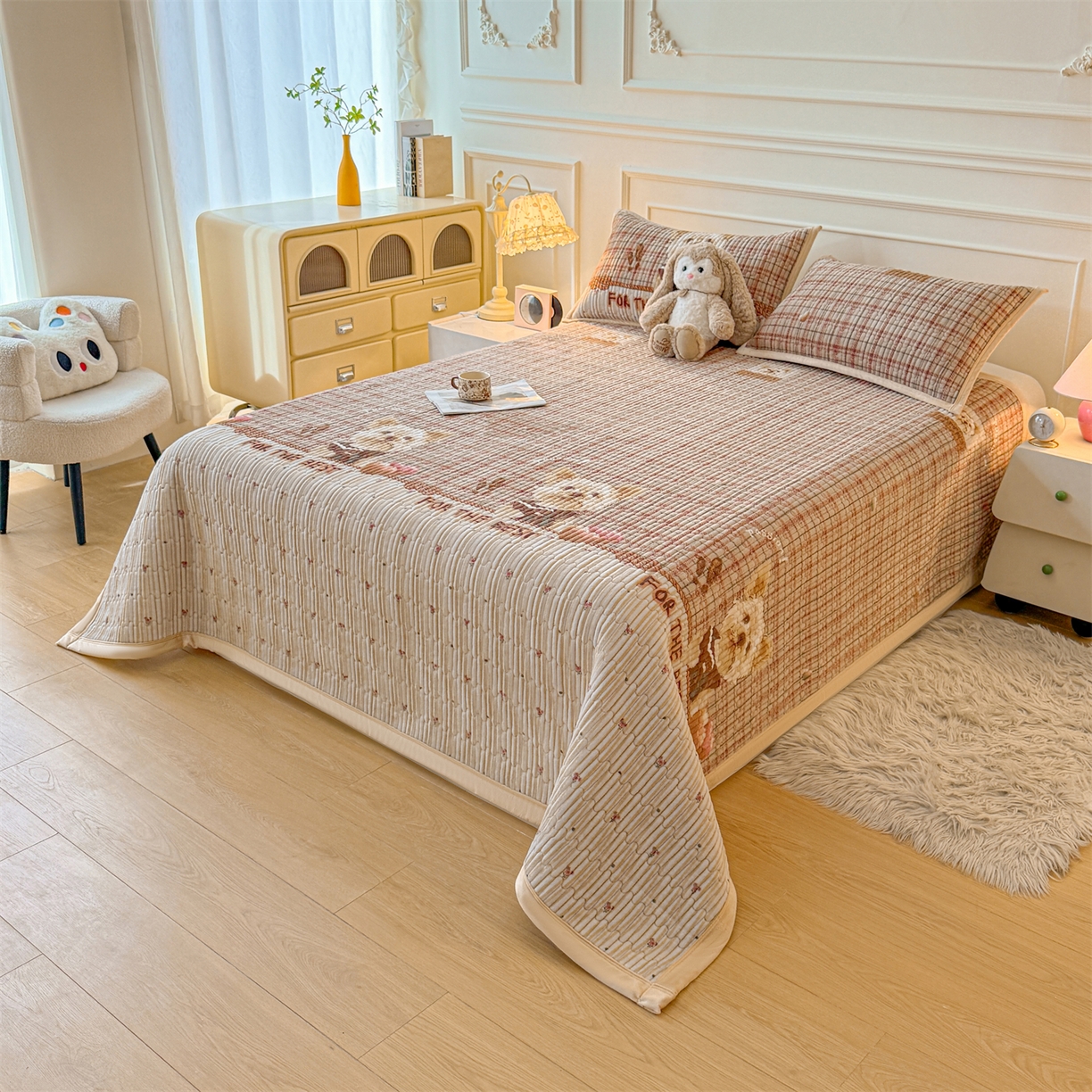 91家纺网 家纺一手货源 找家纺 慕木家纺 2025新款高克重牛奶绒小清新印花卡通夹棉单床盖床盖单件（提供买家秀) 牛奶绒床盖-吉米狗