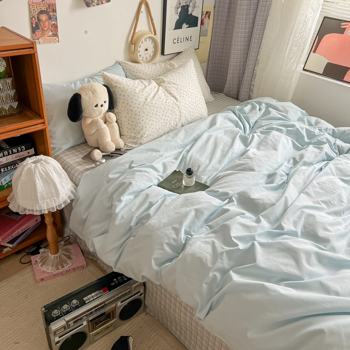 91家纺网 家纺一手货源 找家纺 对白 2025新款混搭全棉纯棉色织水洗棉四件套-西西里 西西里-天青蓝（枕套格子）