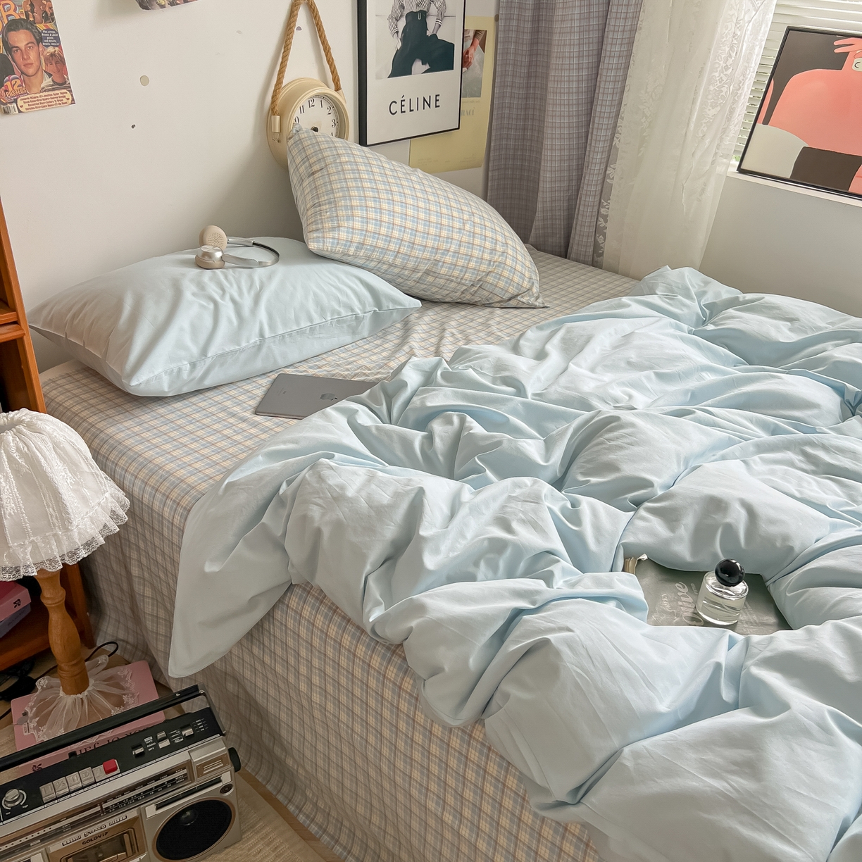 91家纺网 家纺一手货源 找家纺 对白 2025新款混搭全棉纯棉色织水洗棉四件套-西西里 西西里-天青蓝（枕套格子）