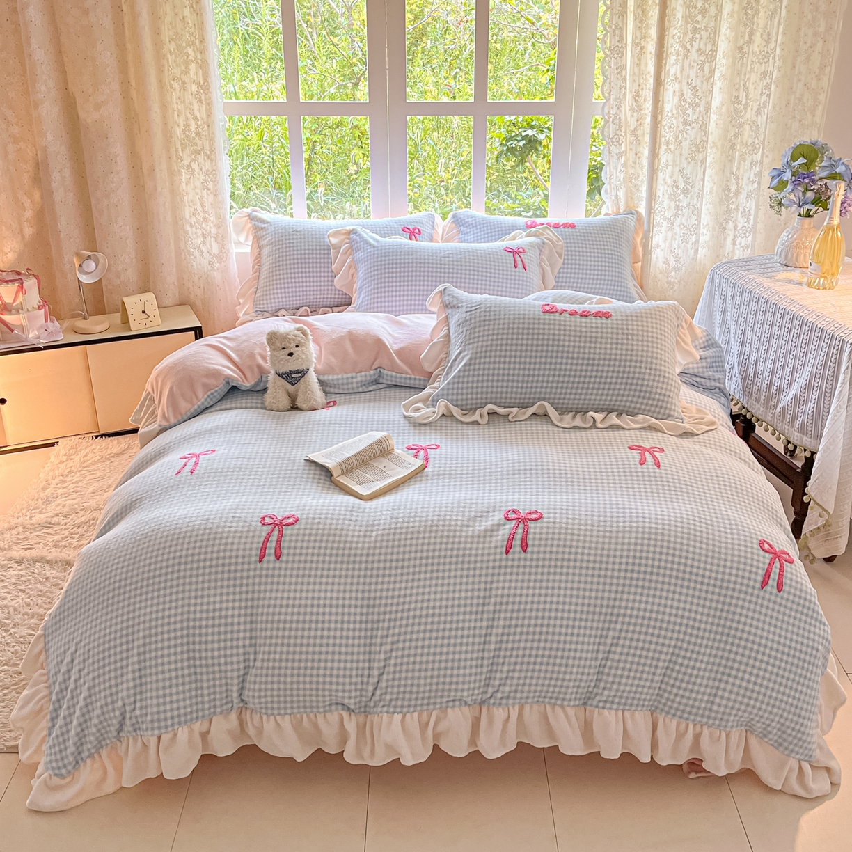 沐辰 2025新款牛奶绒绣花蝴蝶结花边款四件套 绒蝴蝶结-蓝格